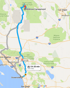 Approximate route from Oceanside California to Wildrose Campground in Death Valley